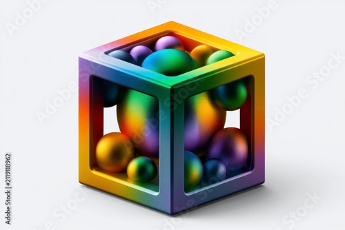 3d geometric cube surrounded by vibrant gradient spheres on a minimalist white background in a digital illustration for creative brand marketing