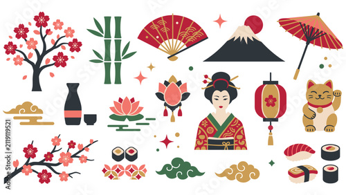 Obraz na płótnie Traditional japanese culture icons set with geisha and symbols.