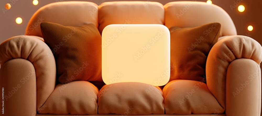 Fototapeta premium Cozy sofa with glowing blank rectangle and warm light particles
