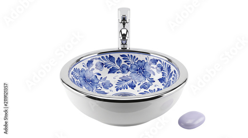 Vintage floral ceramic washbasin with blue pattern, ornate porcelain bathroom sink with chrome faucet, elegant white vessel sink for luxury interior