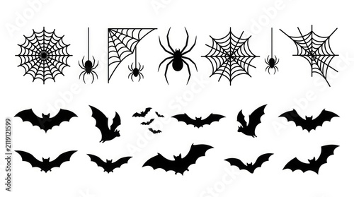 Set of black silhouette illustrations featuring various spider webs spiders and flying bats for halloween holiday design projects