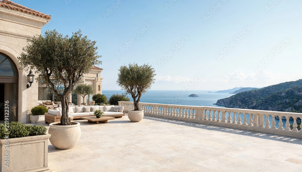 Fototapeta premium Elegant Mediterranean Oceanfront Terrace with Contemporary Luxury Architecture.