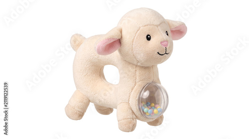 Plush lamb baby rattle toy, soft cream sheep stuffed animal with sensory beads, cute nursery accessory for infant development and play