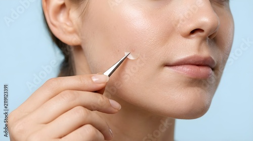 Close up view of a hand using tweezers to apply a clear round acne patch on a cheek pimple.