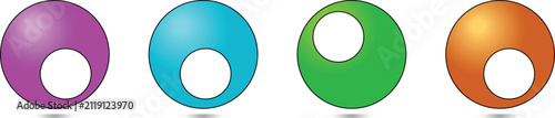 A set of four colorful 3D-style spheres each featuring a circular white cutout in the center. The vibrant purple blue green and orange colors provide a modern clean aesthetic suitable for web design 