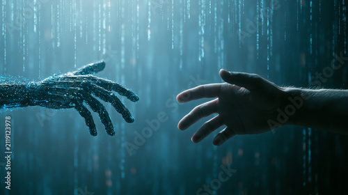 human hand reaching out to robot hand connecting digital future technology and artificial intelligence.