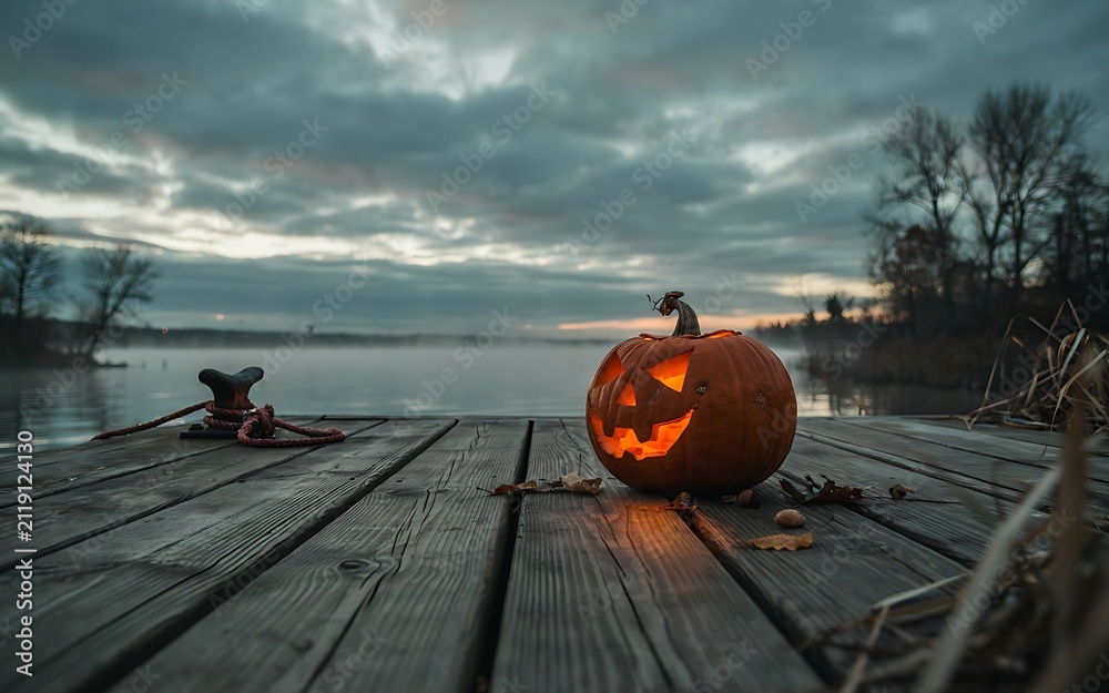 Obraz premium A glowing carved jack o lantern sits on a wooden dock at sunset near a lake