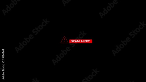 Red warning triangle with SCAM ALERT notification animation on a black background, representing online fraud warning and digital security alert concept.