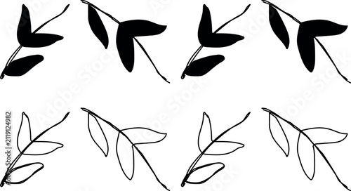A set of botanical illustrations featuring black solid leaf silhouettes and delicate linear leaf outlines. This versatile graphic set is perfect for nature-themed designs stationery and minimalist 
