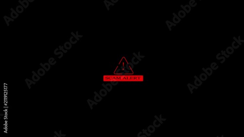 Red warning triangle icon with exclamation mark and SCAM ALERT text animation on a black background, creating a digital fraud warning and alert notification concept.