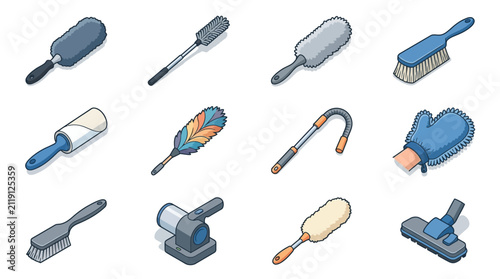 Collection of Household Cleaning Brushes and Tools.