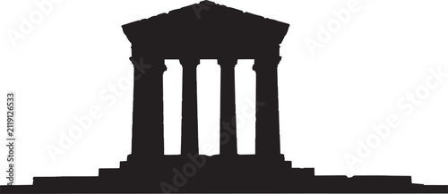 Black silhouette of an ancient greek temple with columns and stairs isolated on transparent background, Vector