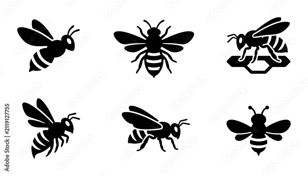 Fototapeta premium Six Black Bee Icons, Insect Vector Graphics, Honeycomb Elements, Wildlife Symbols