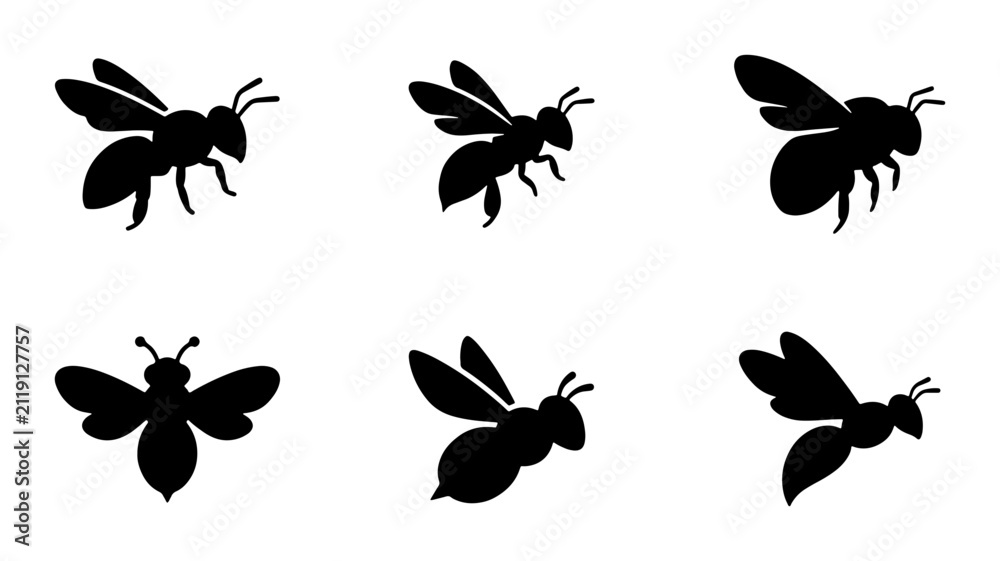 Fototapeta premium Six Black Silhouette Bee Icons, Flying Insect Vector Graphics, Nature Wildlife Graphics
