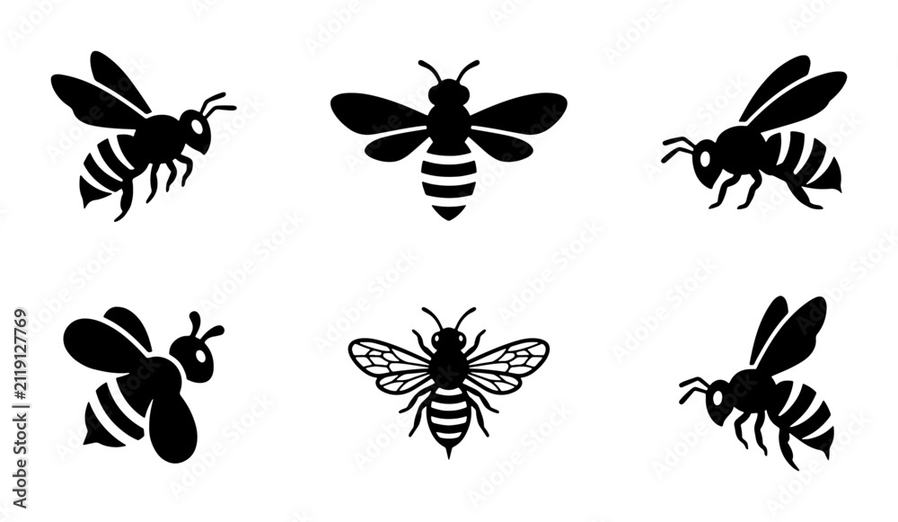 Fototapeta premium Six Black Bee Icons, Insect Vector Graphics, Simple Flying Insect Silhouettes for Nature and Honey Themes