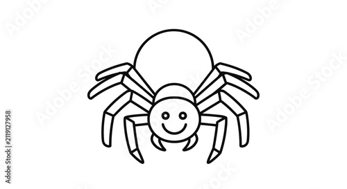 Cute cartoon spider illustration with a friendly smiling face and eight legs in a simple black and white line art style for children.