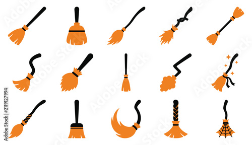 Set of various witch broomsticks for halloween decorations isolated on a white background in flat cartoon style