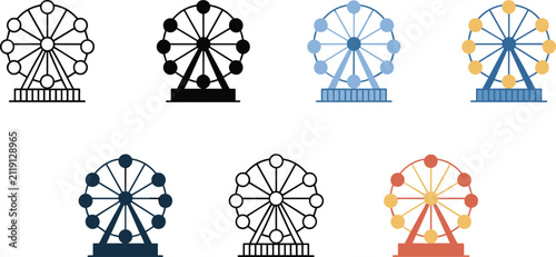 Ferris wheel icon set in outline solid and colorful flat styles for amusement park carnival theme festivals entertainment and leisure vectorFerris wheel icon set in outline solid and colorful flat sty