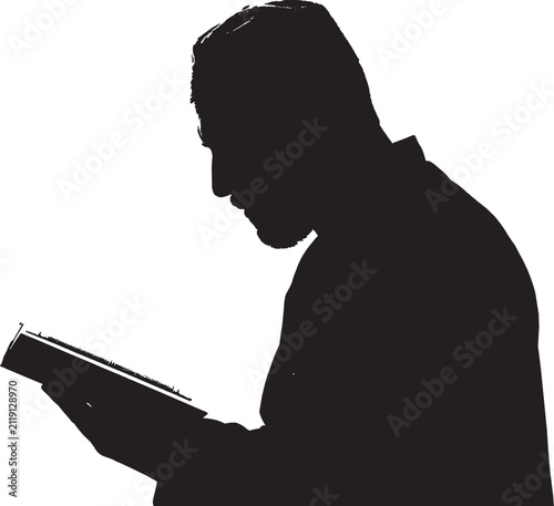 Black silhouette of a man reading a book, focused and concentrated person studying literature and gaining knowledge in a quiet and peaceful moment isolated on transparent background, Vector