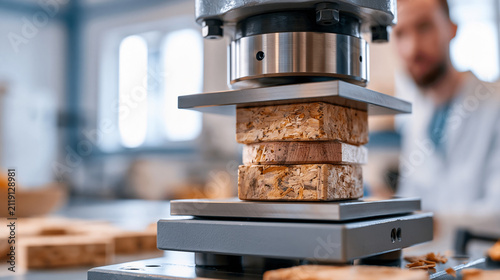 Heavy duty hydraulic press compressing a stack of wooden blocks between flat steel platens fibres beginning to compact under force bright workshop laboratory with pale walls and