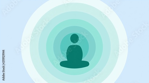 Seated figure surrounded by layered calm circles in mint and sky blue