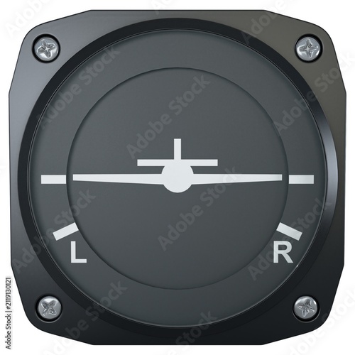 Aircraft turn coordinator gauge with L and R markings, isolated on a white background. 3D render image.