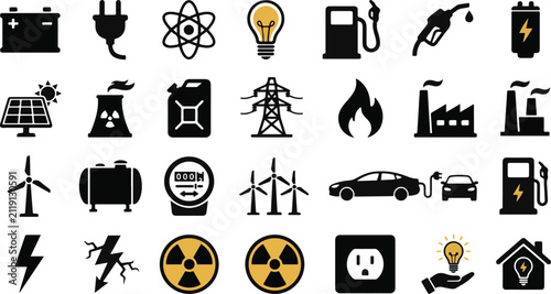 A comprehensive collection of black energy and power icons representing various sources of electricity fuel and industrial utility infrastructure concepts