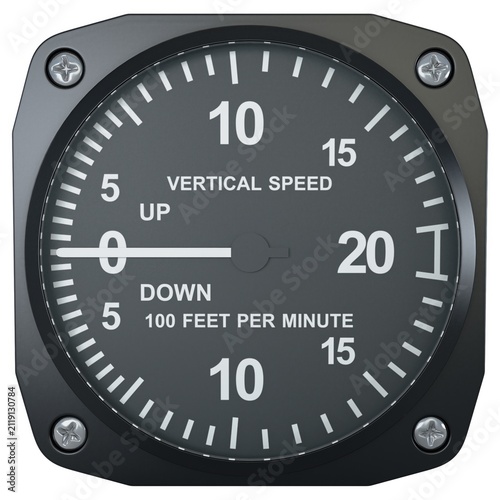 Aircraft vertical speed indicator gauge in angled perspective view, isolated on a white background. 3D render image.