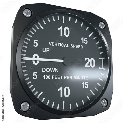 Aircraft vertical speed indicator gauge in angled perspective view, isolated on a white background. 3D render image.