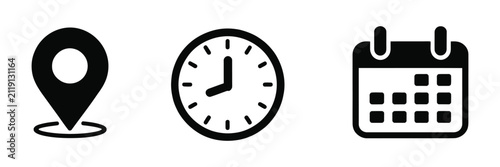Location, Time, and Date Icon Set with Calendar, Clock, and Map Pin Symbols for Business, Apps, and User Interface Design