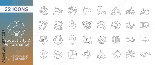 Productivity and Performance Icon Set featuring 32 Editable Stroke Line Icons for Business Growth, Efficiency, Brainstorming, and Strategic Workflow Management