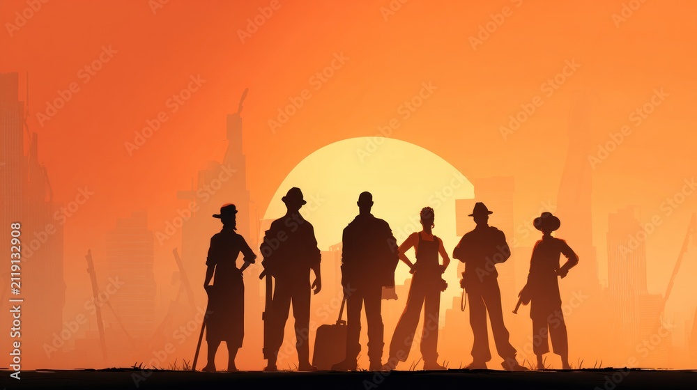 Obraz premium Silhouette of a group of people standing in a post-apocalyptic landscape at sunset