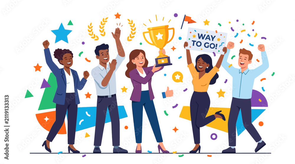 Fototapeta premium Team celebrating victory with trophy and confetti, award win, success, achievement, motivation