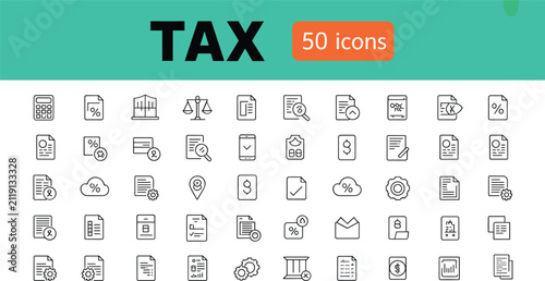 Tax and accounting line icon set featuring financial documents percentage symbols calculators scales government buildings and audit vector elementsTax and accounting line icon set featuring financial 