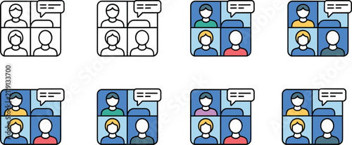 Video conference icon set with chat bubble speech grid layout for online virtual business meeting remote teamwork webinar vectorVideo conference icon set with chat bubble speech grid layout for online