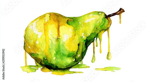 Juicy ripe pear painted in luminous watercolor pigments of lime green and golden yellow with expressive paint drips, isolated on white background