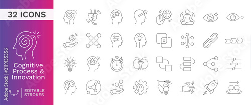 Cognitive Process and Innovation Icon Set featuring thin line symbols for mental health, brain function, creative thinking, psychology, and business strategy development.