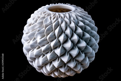White 3d printed vase with parametric spiral texture in top down digital illustration for modern interior design marketing