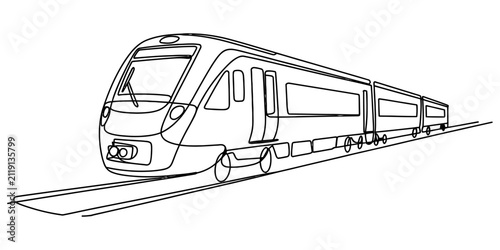 A continuous single line drawing of a modern passenger train traveling on railway tracks showing a simple creative artistic style for travel and transport Vector, illustration