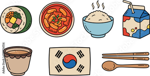Cute Korean Food Vector Icon Set Featuring Gimbap Tteokbokki Rice Milk South Korea Flag Spoon and Chopsticks for Restaurant Menu and Branding