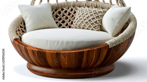 Round wooden lounge chair featuring macrame rope backing and white cushions in a sharp macro shot for furniture retail and catalog marketing