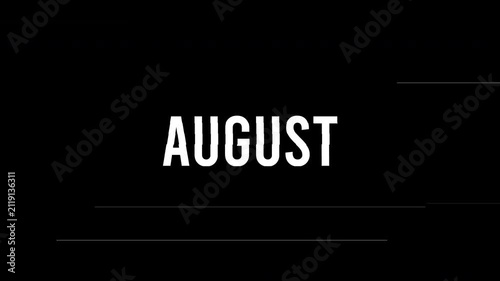 August text glitch animation with dust, month of august glitch text on solid background