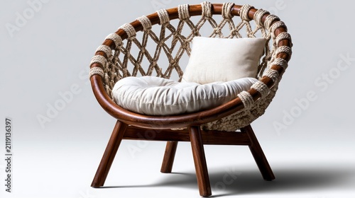 Round wooden lounge chair with macrame rope backing on neutral background with sharp focus for furniture catalog marketing