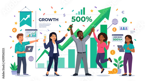 Team celebrating 500% growth on financial chart with confetti and champagne