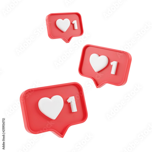 3D social media like icons, red heart notification bubbles with number one, glossy plastic heart reaction buttons for digital marketing isolated on Transparent Background