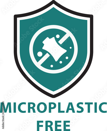 Microplastic free shield badge vector icon with prohibition symbol and teal coloration plastic polymer particle pollution contamination emblem