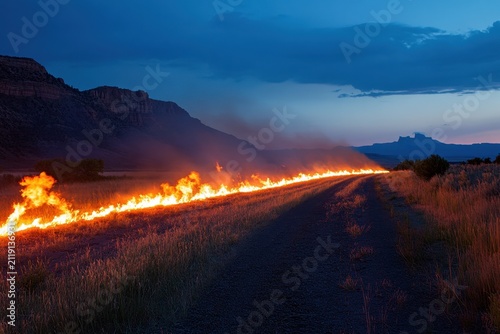 Line of bright fire flames in dry grass along road during evening natural disaster