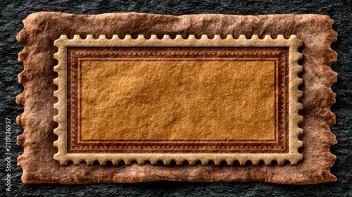Vintage blank postage stamp with perforated edges on aged paper in sharp macro focus for historical graphic design marketing