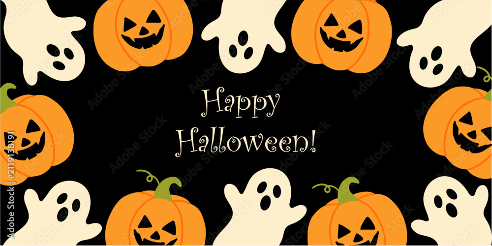 Obraz premium Cute Halloween banner. Hand drawn whimsical ghosts and jack o lantern pumpkins with happy Halloween typography. Vector illustration