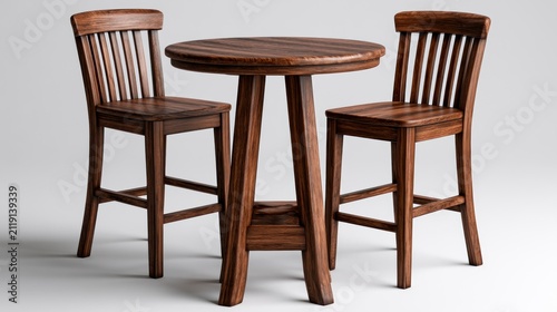 Wooden bar stools and high table in a minimalist studio with sharp focus for interior design marketing